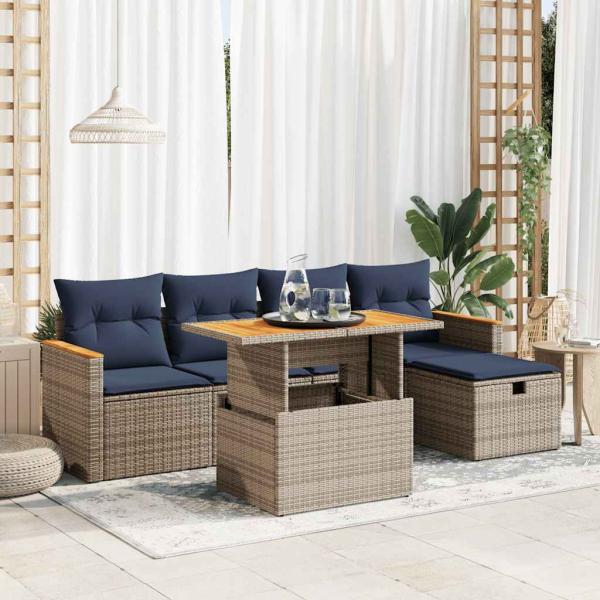 ARDEBO.de - 6-tlg. Garten-Sofagarnitur mit Kissen Grau Poly Rattan Akazie