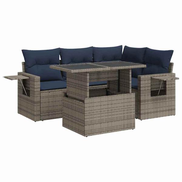 5tlg. Garten-Sofagarnitur mit Kissen Schwarz Poly Rattan Akazie