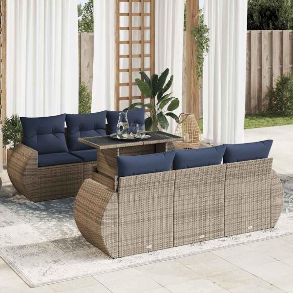 ARDEBO.de - 7-tlg. Garten-Sofagarnitur mit Kissen Grau Poly Rattan Akazie