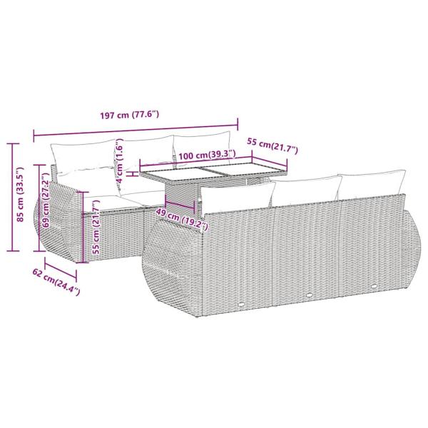 7-tlg. Garten-Sofagarnitur mit Kissen Grau Poly Rattan Akazie