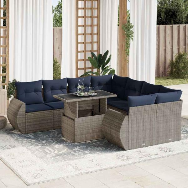 ARDEBO.de - 9-tlg. Garten-Sofagarnitur mit Kissen Grau Poly Rattan Akazie