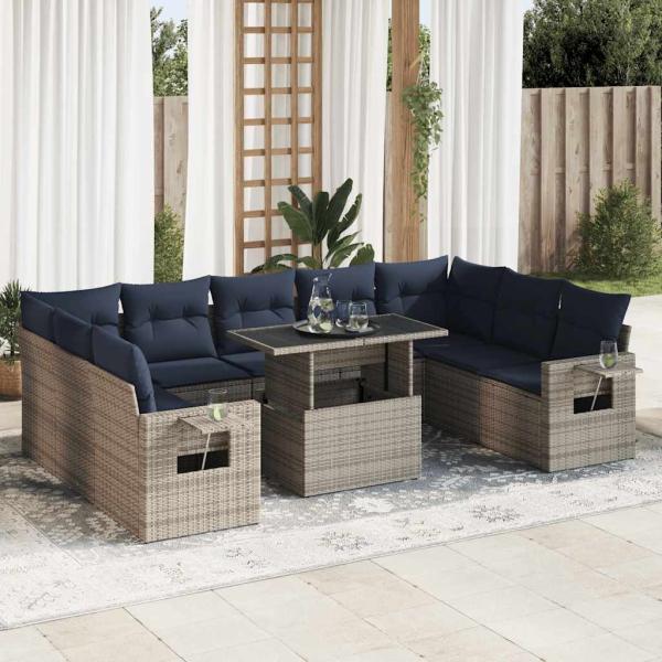 ARDEBO.de - 10-tlg. Garten-Sofagarnitur mit Kissen Grau Poly Rattan Akazie