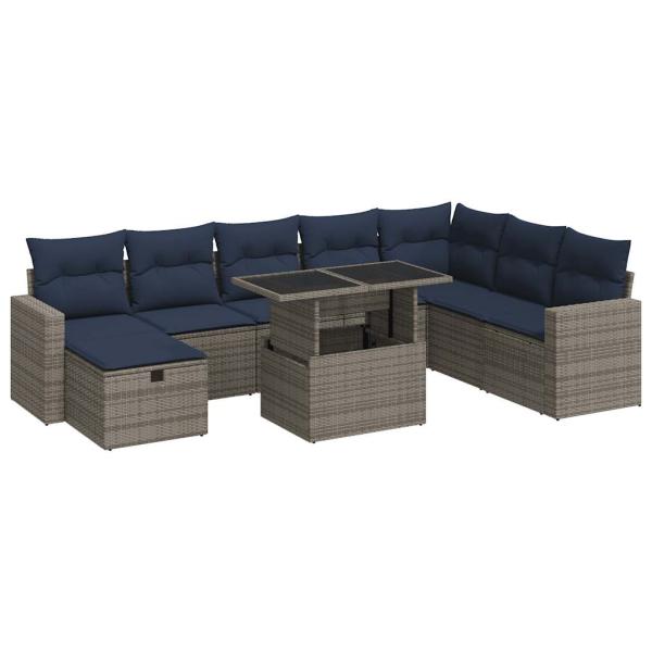 9-tlg. Garten-Sofagarnitur mit Kissen Braun Poly Rattan Akazie