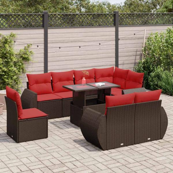 ARDEBO.de - 9-tlg. Garten-Sofagarnitur mit Kissen Braun Poly Rattan Akazie