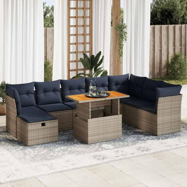 ARDEBO.de - 9-tlg. Garten-Sofagarnitur mit Kissen Braun Poly Rattan Akazie
