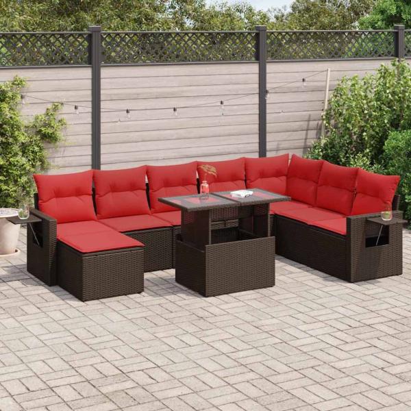 ARDEBO.de - 9-tlg. Garten-Sofagarnitur mit Kissen Braun Poly Rattan Akazie
