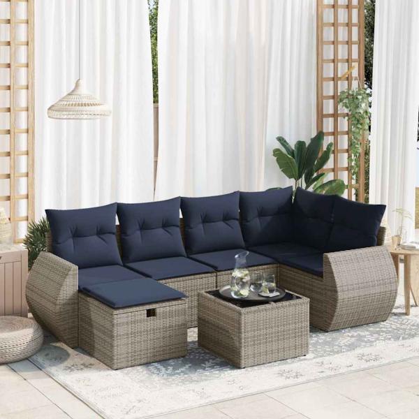 ARDEBO.de - 7-tlg. Garten-Sofagarnitur mit Kissen Grau Poly Rattan