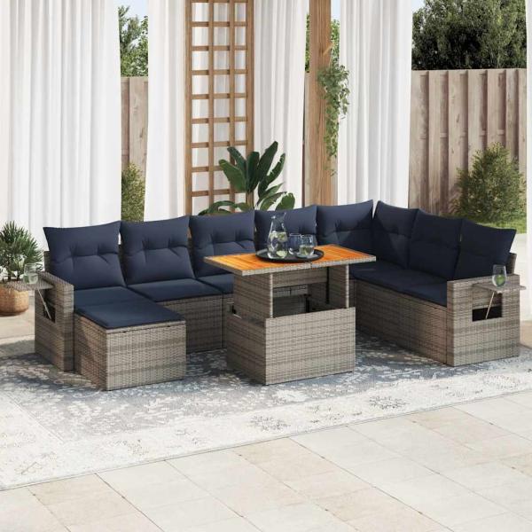 ARDEBO.de - 9-tlg. Garten-Sofagarnitur mit Kissen Grau Poly Rattan
