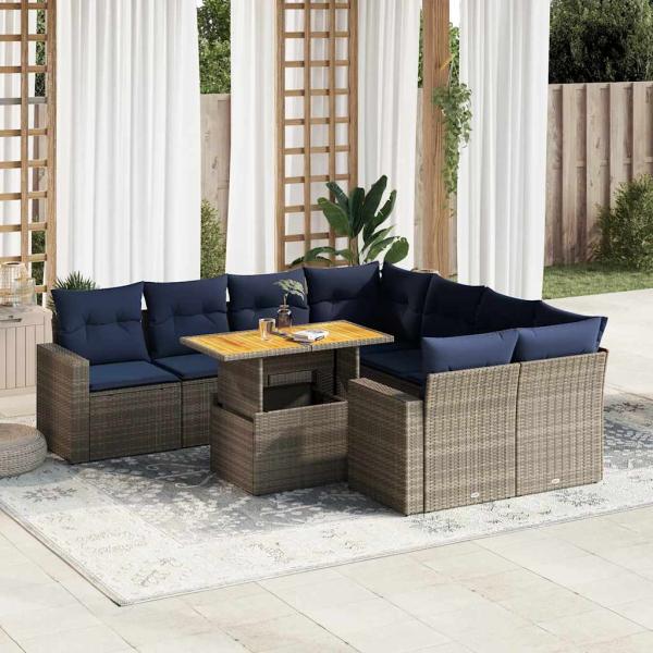 ARDEBO.de - 9-tlg. Garten-Sofagarnitur mit Kissen Grau Poly Rattan