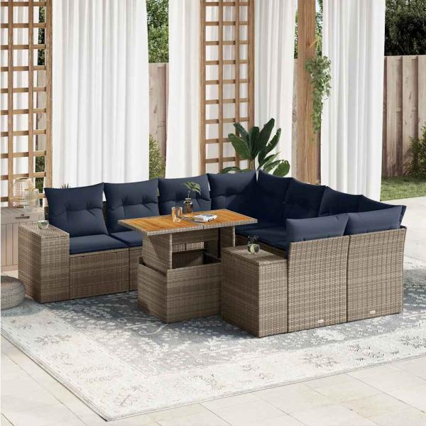 ARDEBO.de - 9-tlg. Garten-Sofagarnitur mit Kissen Grau Poly Rattan