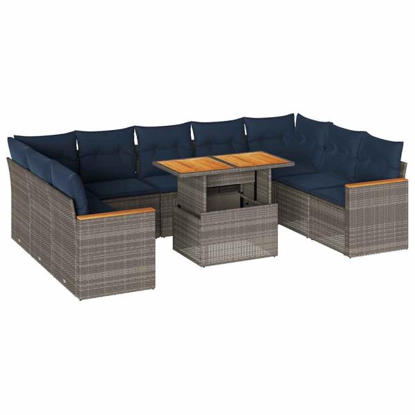 10-tlg. Garten-Sofagarnitur mit Kissen Grau Poly Rattan
