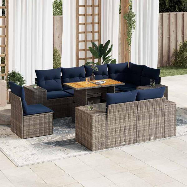 ARDEBO.de - 9-tlg. Garten-Sofagarnitur mit Kissen Grau Poly Rattan