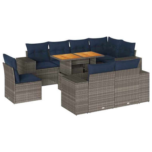 9-tlg. Garten-Sofagarnitur mit Kissen Grau Poly Rattan