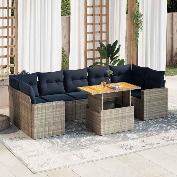 ARDEBO.de - 8-tlg. Garten-Sofagarnitur mit Kissen Grau Poly Rattan