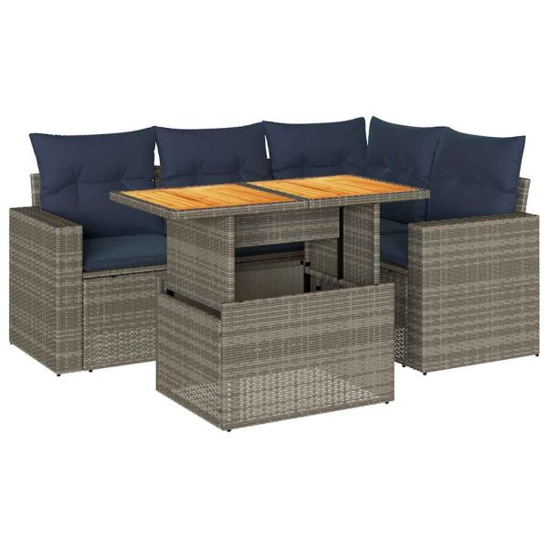 5-tlg. Garten-Sofagarnitur mit Kissen Grau Poly Rattan