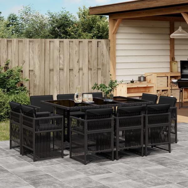 ARDEBO.de - 11-tlg. Garten-Essgruppe mit Kissen Schwarz Poly Rattan