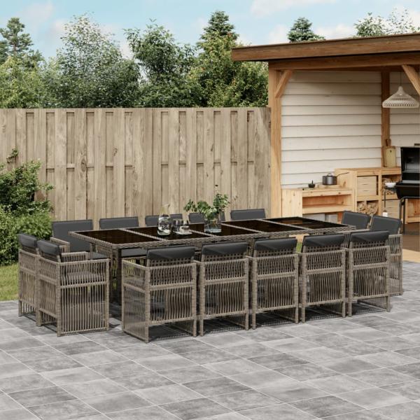 ARDEBO.de - 15-tlg. Garten-Essgruppe mit Kissen Grau Poly Rattan