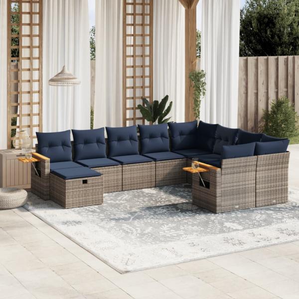 ARDEBO.de - 10-tlg. Garten-Sofagarnitur mit Kissen Grau Poly Rattan