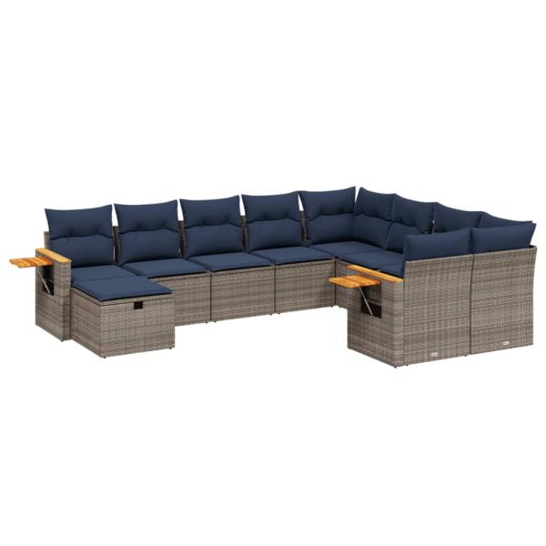 10-tlg. Garten-Sofagarnitur mit Kissen Grau Poly Rattan