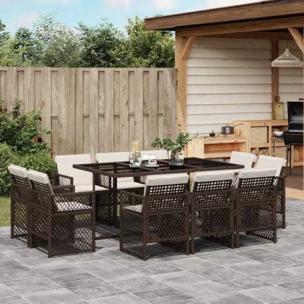 ARDEBO.de - 11-tlg. Garten-Essgruppe mit Kissen Braun Poly Rattan