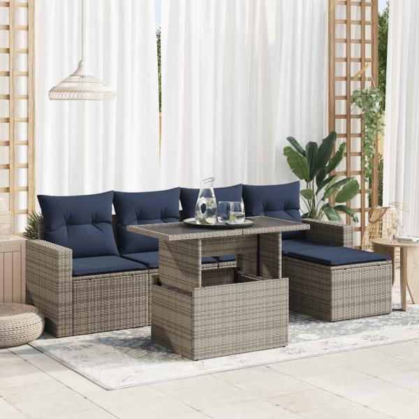 ARDEBO.de - 6-tlg. Garten-Sofagarnitur mit Kissen Grau Poly Rattan Akazie