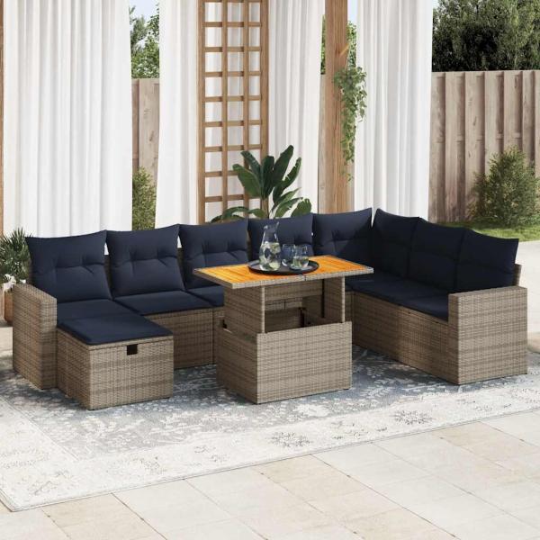 ARDEBO.de - 9-tlg. Garten-Sofagarnitur mit Kissen Grau Poly Rattan Akazie