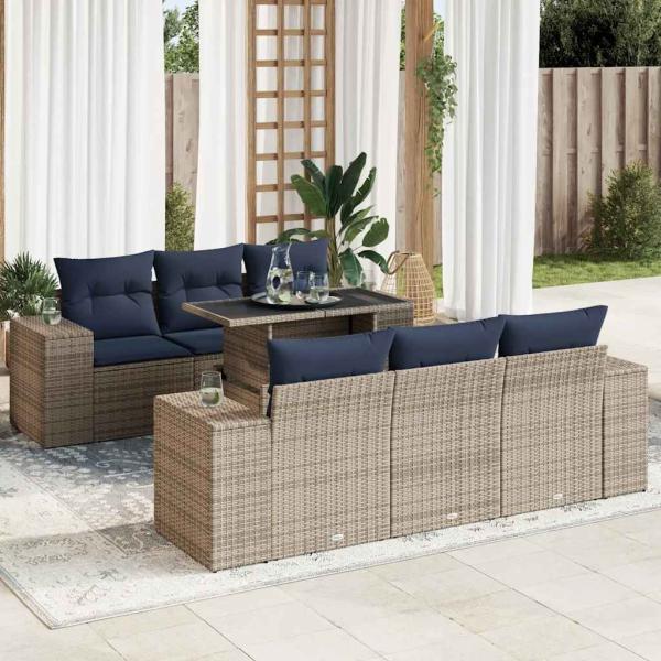 ARDEBO.de - 7-tlg. Garten-Sofagarnitur mit Kissen Grau Poly Rattan Akazie