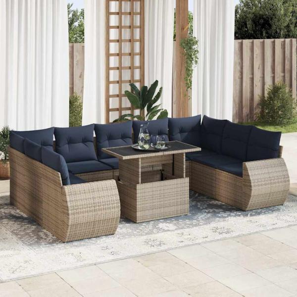 ARDEBO.de - 10-tlg. Garten-Sofagarnitur mit Kissen Grau Poly Rattan Akazie
