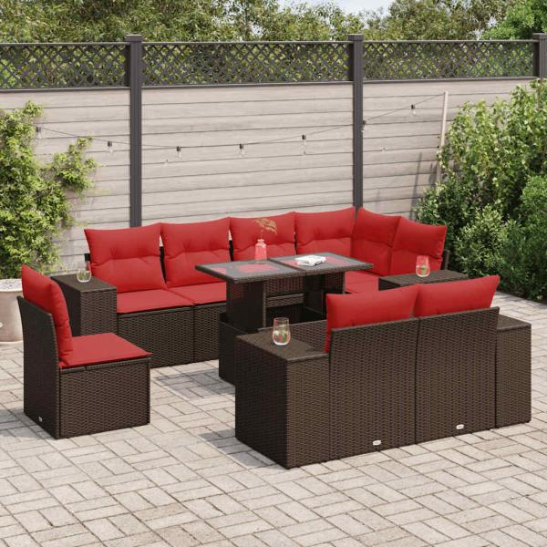 ARDEBO.de - 9-tlg. Garten-Sofagarnitur mit Kissen Braun Poly Rattan Akazie
