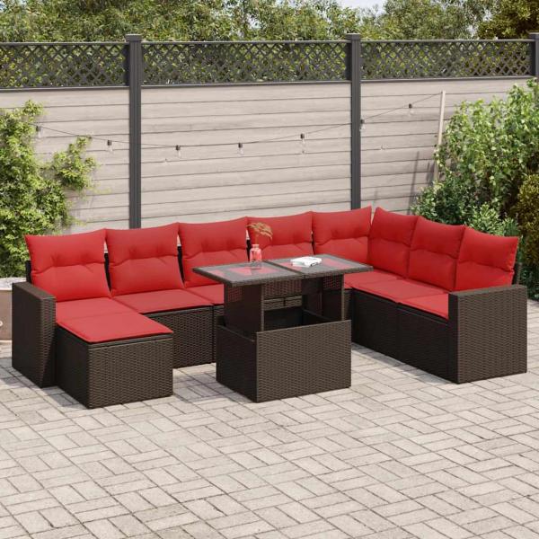 ARDEBO.de - 9-tlg. Garten-Sofagarnitur mit Kissen Braun Poly Rattan Akazie