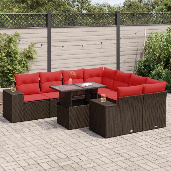 ARDEBO.de - 9-tlg. Garten-Sofagarnitur mit Kissen Braun Poly Rattan Akazie
