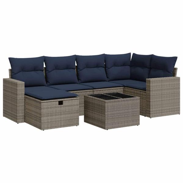 7-tlg. Garten-Sofagarnitur mit Kissen Grau Poly Rattan