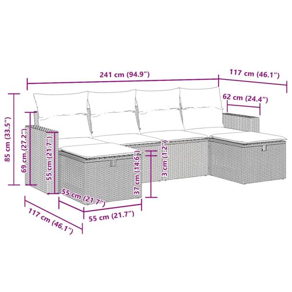 6-tlg. Garten-Sofagarnitur mit Kissen Braun Poly Rattan