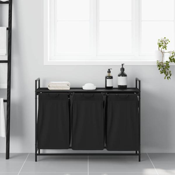 Wäschekorb 3 Fächer mit Ablage Schwarz Eichen-Optik