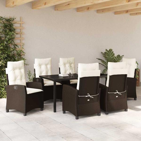 7-teiliges Garten-Dining-Set mit Kissen Braun Poly Rattan