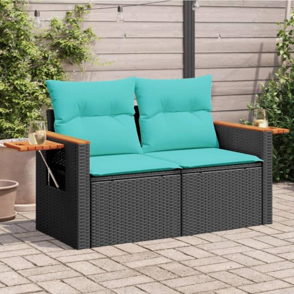 ARDEBO.de - Gartensofa mit Kissen 2-Sitzer Schwarz Poly Rattan