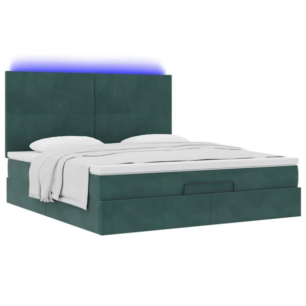 Ottoman-Bett mit Matratzen & LEDs Dunkelgrün 160x200 cm Samt