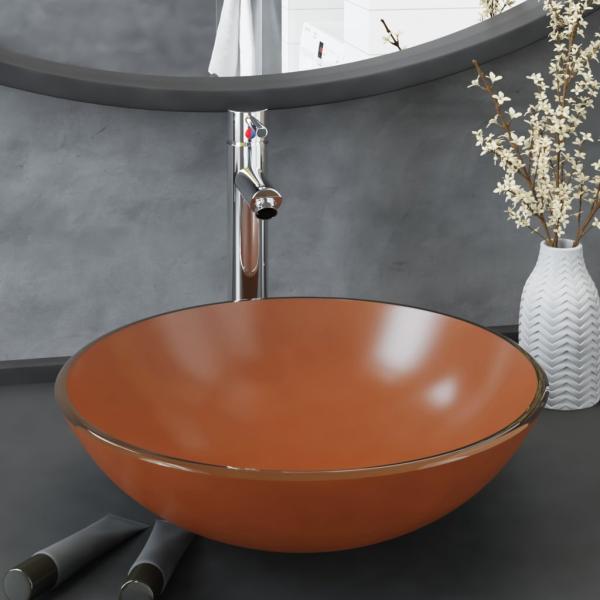ARDEBO.de - Badezimmer Waschbecken mit Wasserhahn und Ablaufgarnitur Braun