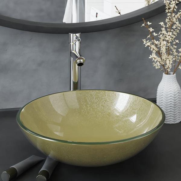 ARDEBO.de - Badezimmer Waschbecken mit Wasserhahn und Ablaufgarnitur Gold