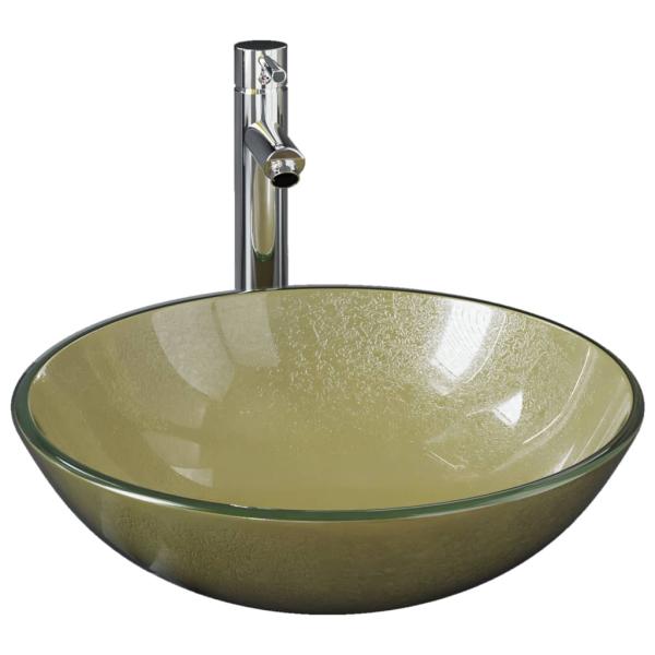 Badezimmer Waschbecken mit Wasserhahn und Ablaufgarnitur Gold