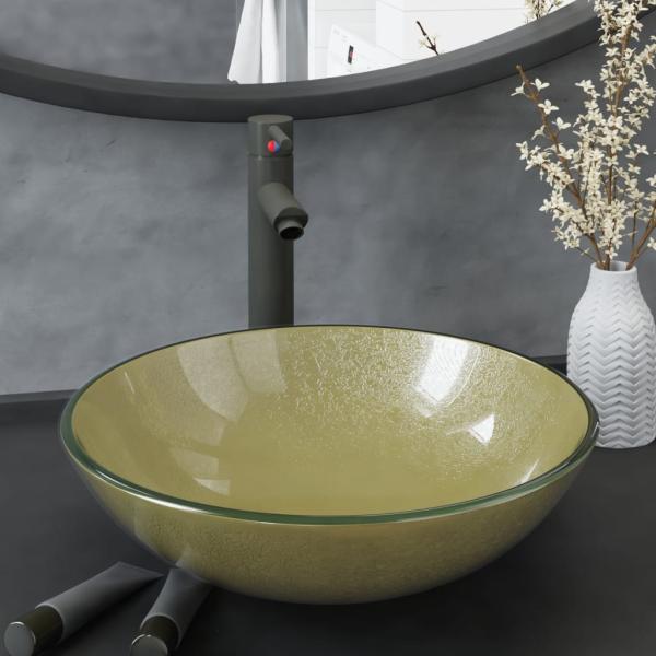 ARDEBO.de - Badezimmer Waschbecken mit Wasserhahn und Ablaufgarnitur Gold