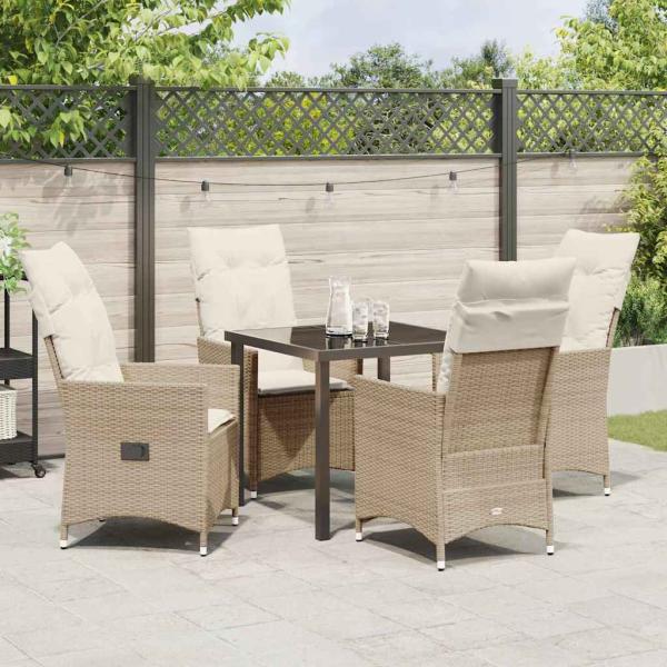 5-teiliges Garten-Esszimmer-Set mit Kissen Beiger Poly-Rattan