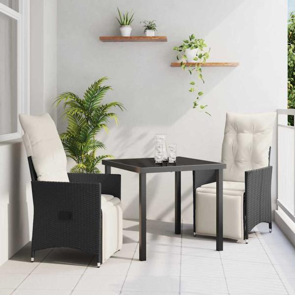 ARDEBO.de - 3-teilige Garten-Essgruppe mit Kissen Schwarz Poly-Rattan