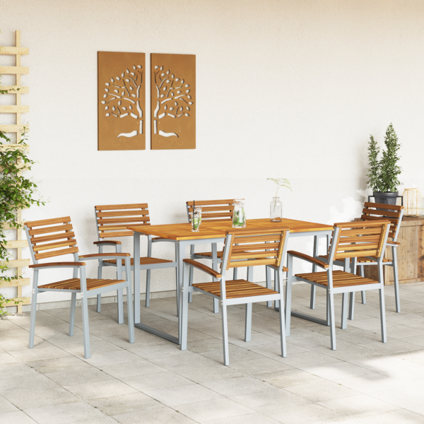 7-teiliges Garten-Esstischset aus solidem Akazienholz und Metall