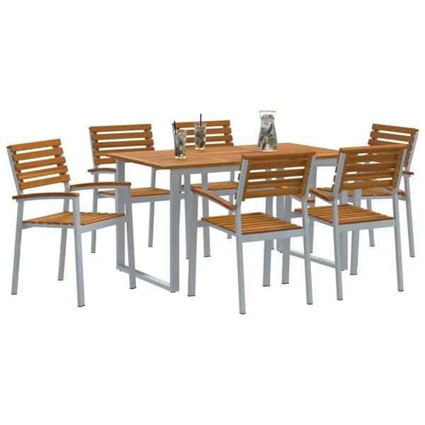 7-teiliges Garten-Esstischset aus solidem Akazienholz und Metall
