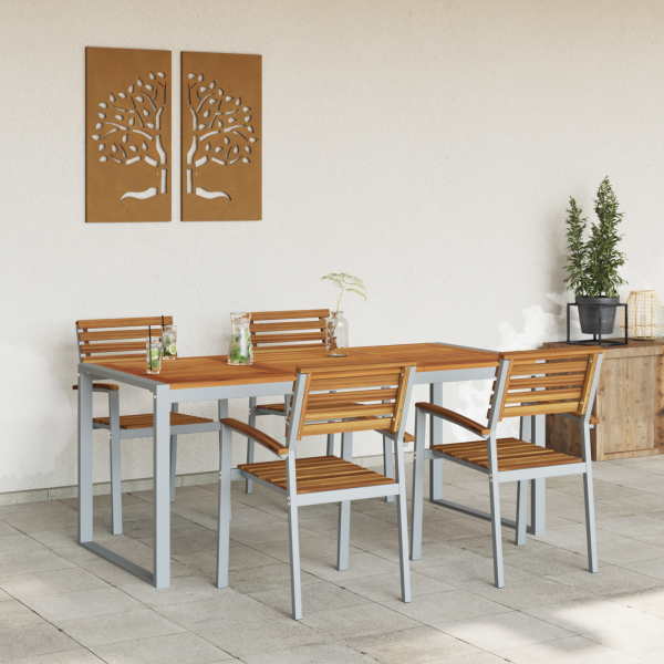 5-teiliges Garten Esstischset aus solidem Teakholz und Metall