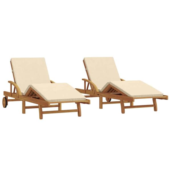 Sonnenliegen 2 Stück mit Kissen und Rädern Beige aus Massivholz Akazie, Klappbare Sonnenliege mit Rädern & Kissen Beige aus Massivholz Akazie