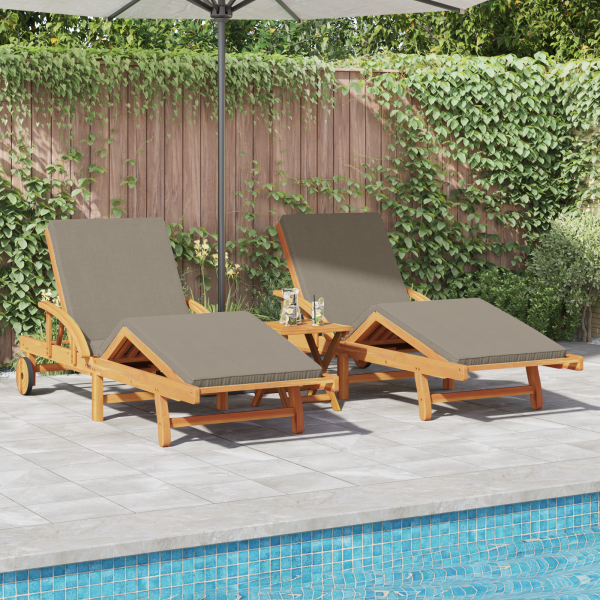 Sonnenliegen 2 Stück mit Kissen und Rädern Taupe Akazienholz, Klappbare Sonnenliege mit Rädern & Kissen Taupe Akazienholz