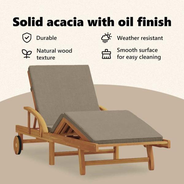 Sonnenliegen 2 Stück mit Kissen und Rädern Taupe Akazienholz, Klappbare Sonnenliege mit Rädern & Kissen Taupe Akazienholz
