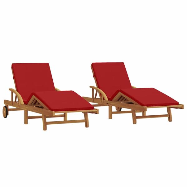 Sonnenliegen 2er Set mit Kissen und Rädern Rot Massivholz Akazie, Klappbare Sonnenliege mit Rädern & Kissen Rot Massivholz Akazie
